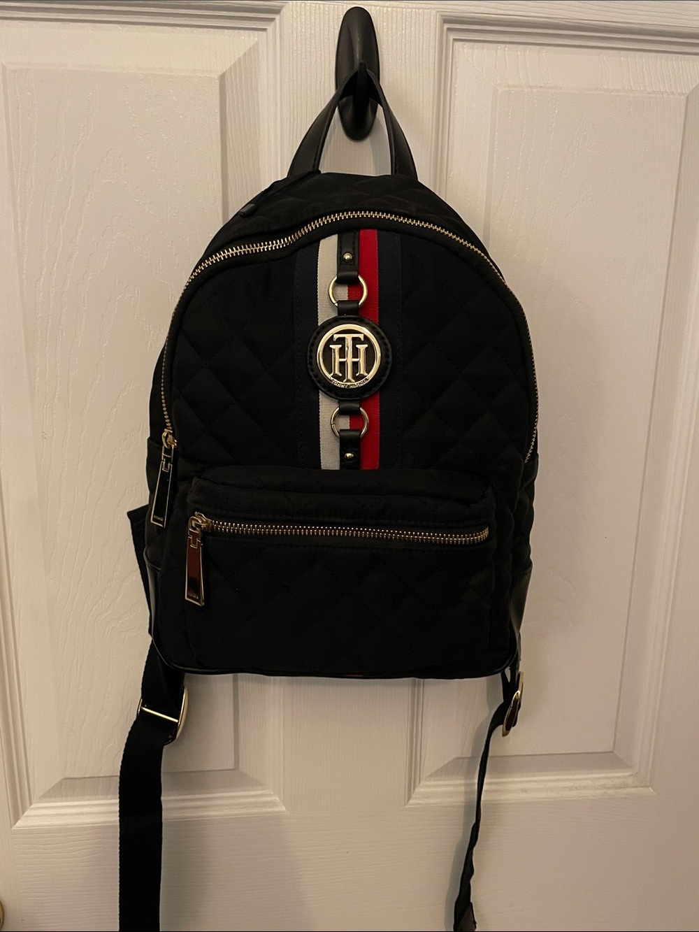 Tommy Hilfiger Black Quilted Mini Backpack with Red, White & Navy Stripe